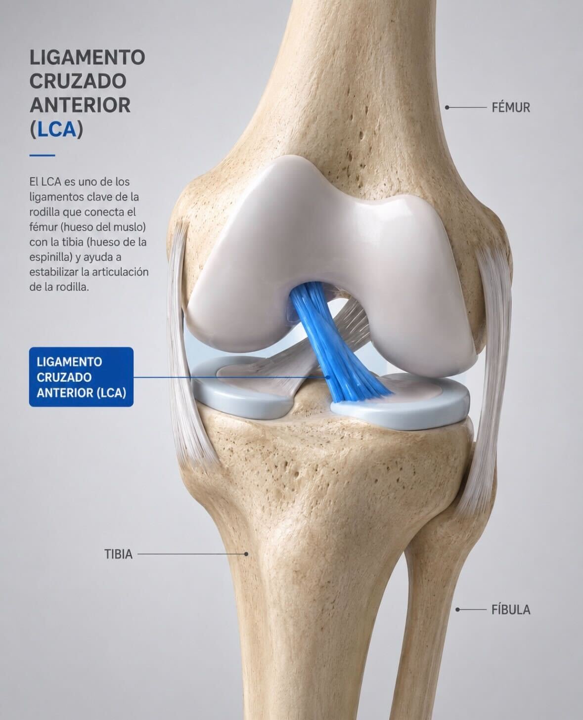 Anatomía de la articulación de la rodilla mostrando el ligamento cruzado anterior