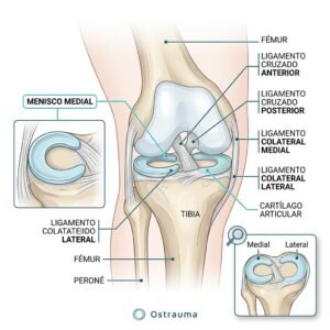Diagrama anatómico de la rodilla mostrando la ubicación de los meniscos y ligamentos