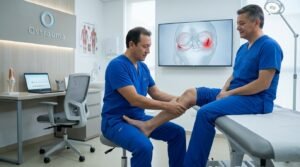 Especialista evaluando a un paciente con síntomas de rotura de menisco en la rodilla