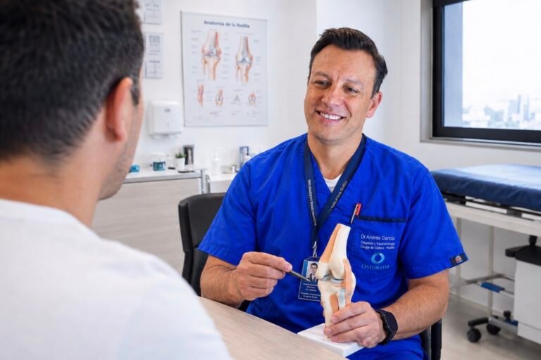 Doctor especialista mostrando modelo anatómico de rodilla en consulta de ortopedia.